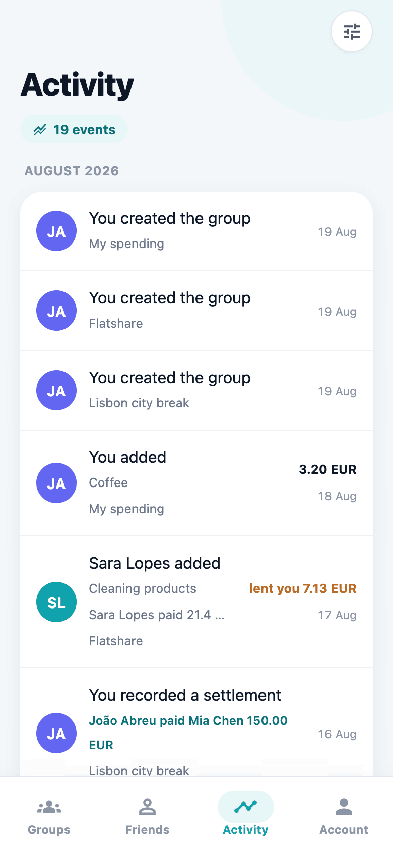 The Activity screen, a feed of recent changes across groups