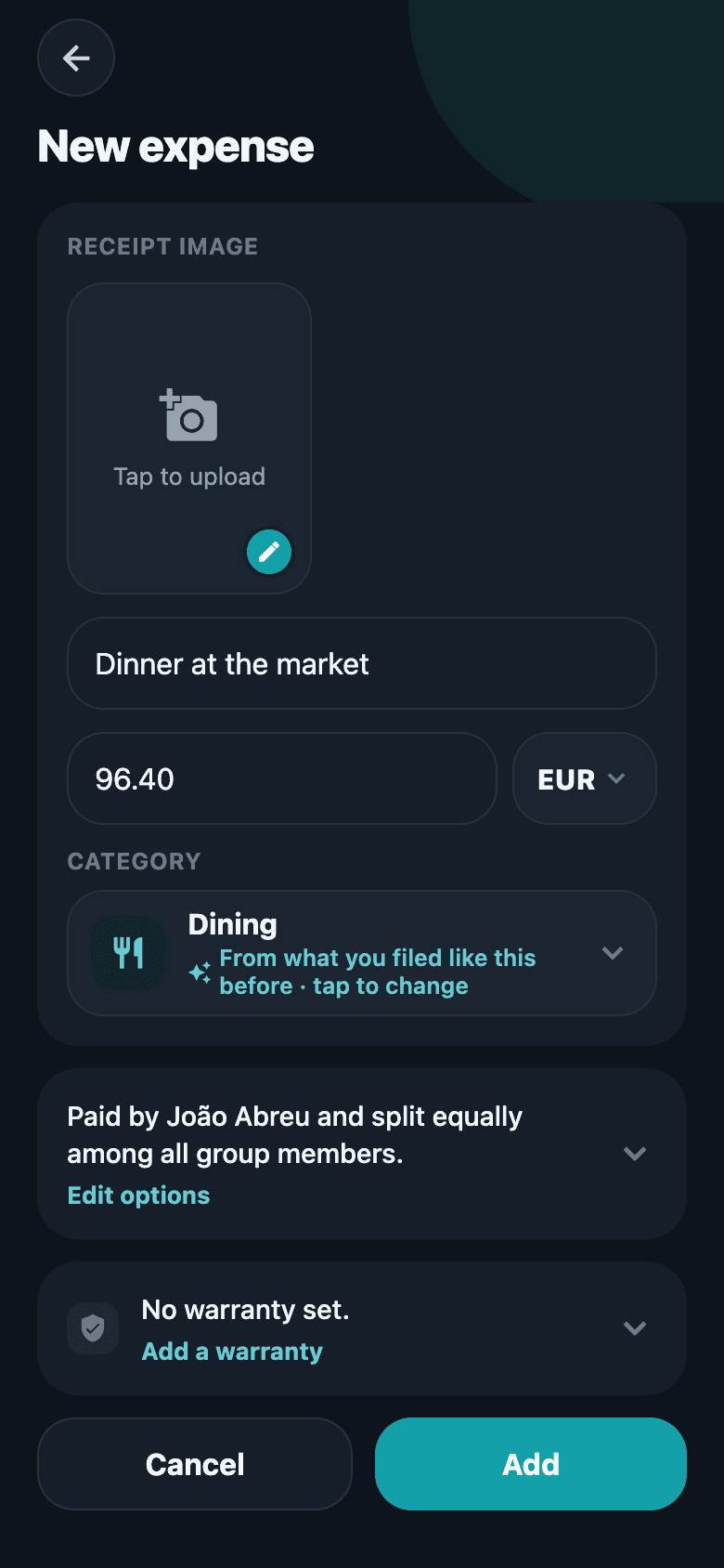 The Add expense screen, with amount, payer and a split between members