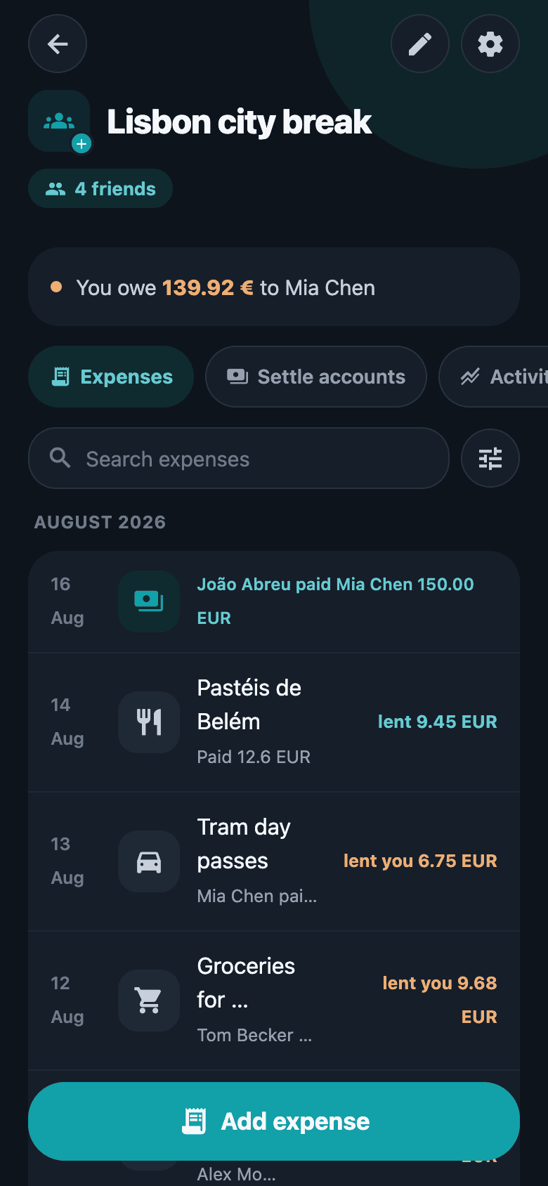 A group screen showing its expense list and per-person totals