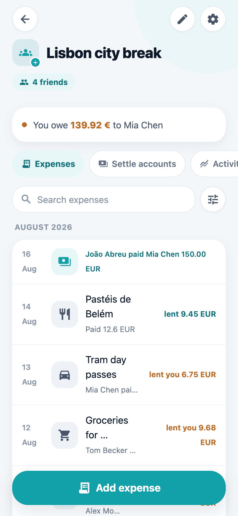 A group screen showing its expense list and per-person totals