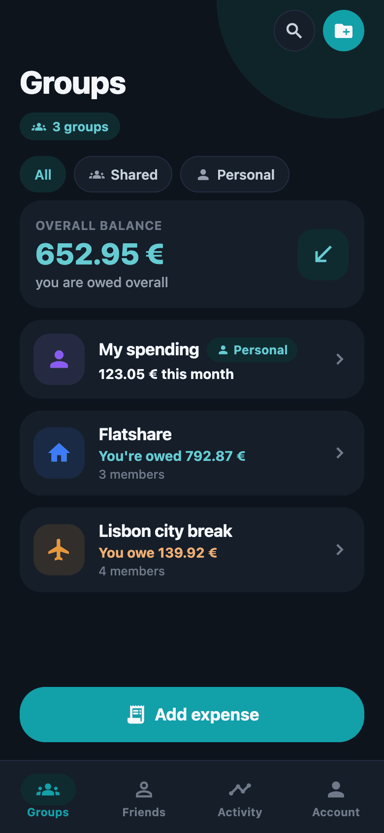The Groups screen, listing each group with what you owe or are owed